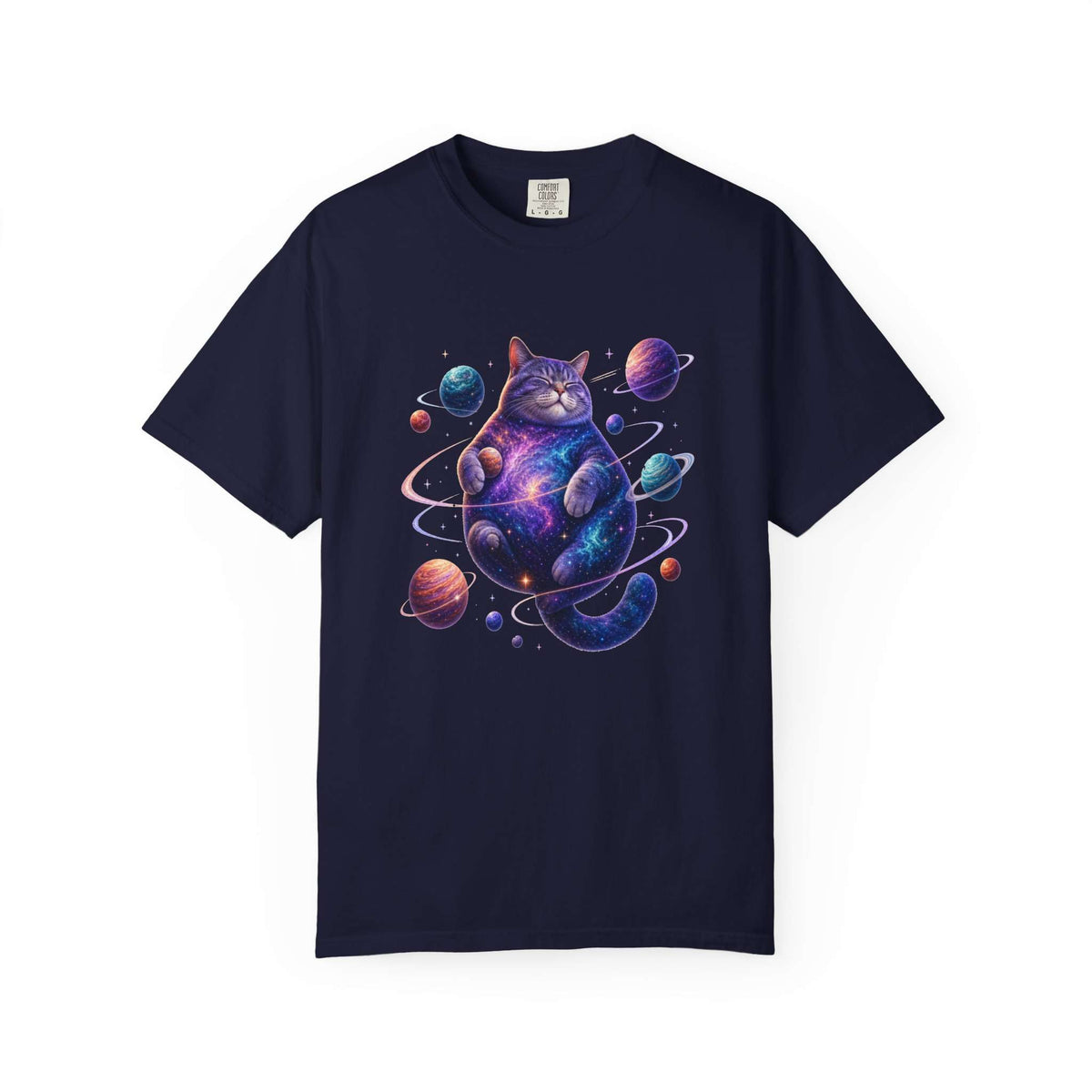 A navy blue short-sleeve crewneck t-shirt featuring a colorful graphic of a cosmic cat surrounded by planets and stars, displayed on a clean white background. Eye-Catching Celestial Feline: Space-Themed Cat T-Shirt for Casual Wear