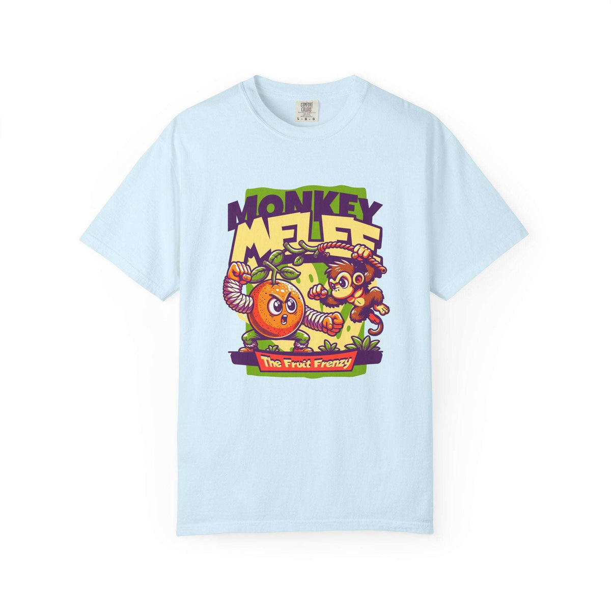 A light blue short-sleeve t-shirt with a colorful cartoon graphic on the front featuring the text 'MONKEY MELEE' and 'The Fruit Fantasy'. Eye-Catching Monkey Melee T-Shirt Design