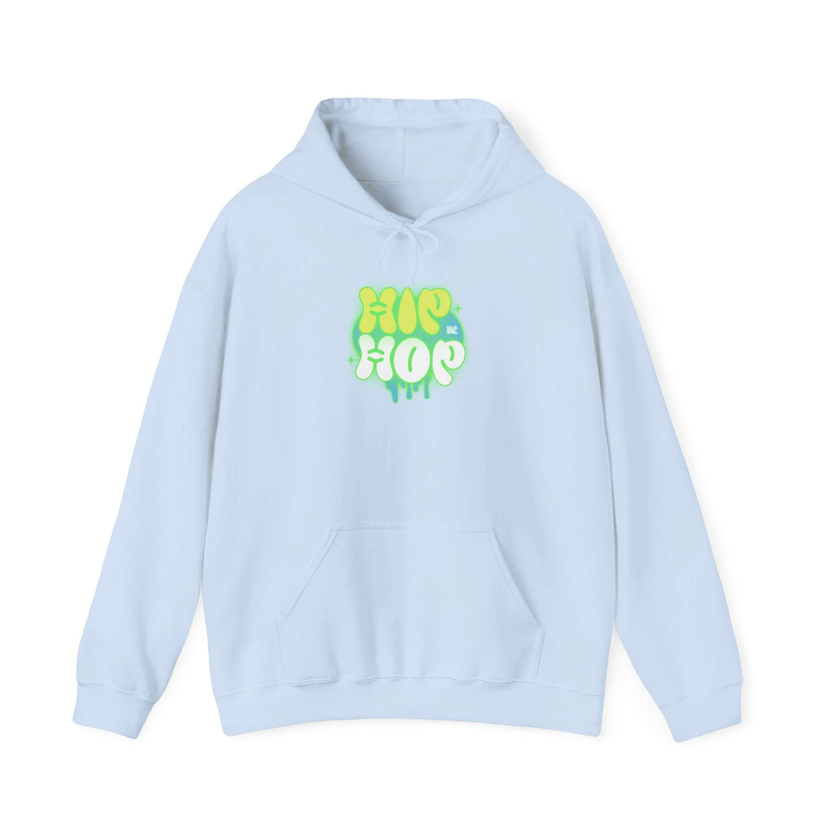 A light blue pullover hoodie with a green and yellow 'HIP HOP' graphic printed on the chest, displayed against a solid white background. Fashion-Forward Bold Graffiti Hip Hop Hoodie for Urban Fashion Lovers
