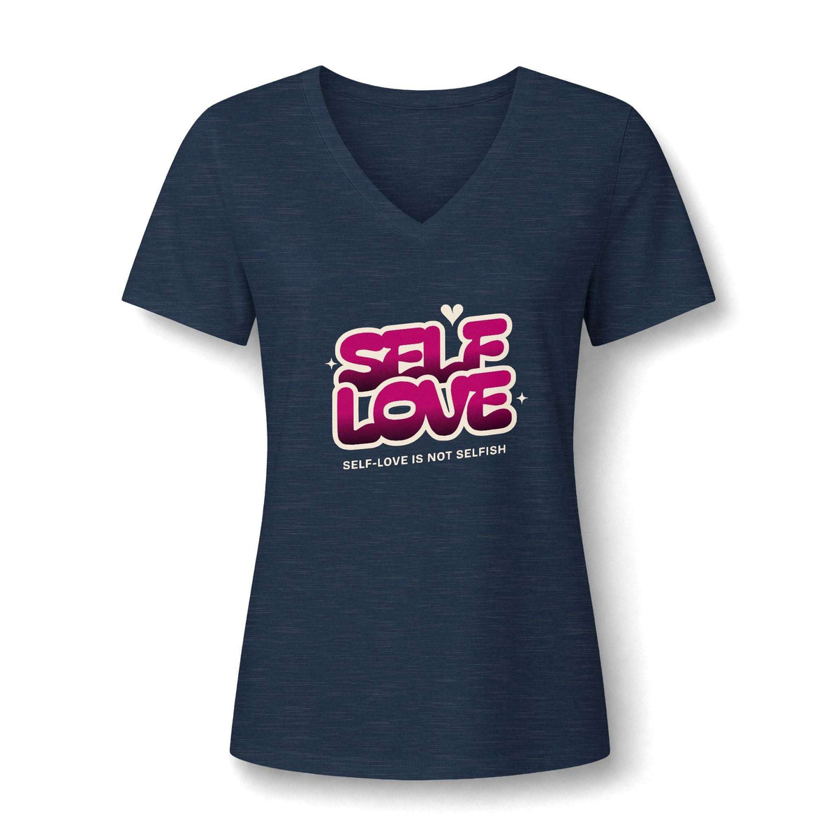 A navy blue heathered v-neck t-shirt with a graphic on the chest that reads 'SELF LOVE' in pink and white bubble letters, with the subtitle 'SELF-LOVE IS NOT SELFISH!' underneath.