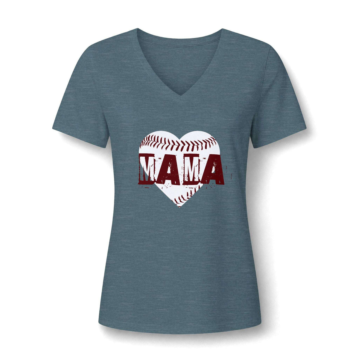 A women's heathered slate blue V-neck t-shirt featuring a baseball-heart graphic with the word 'MAMA' in distressed dark red letters, displayed on a clean white background.