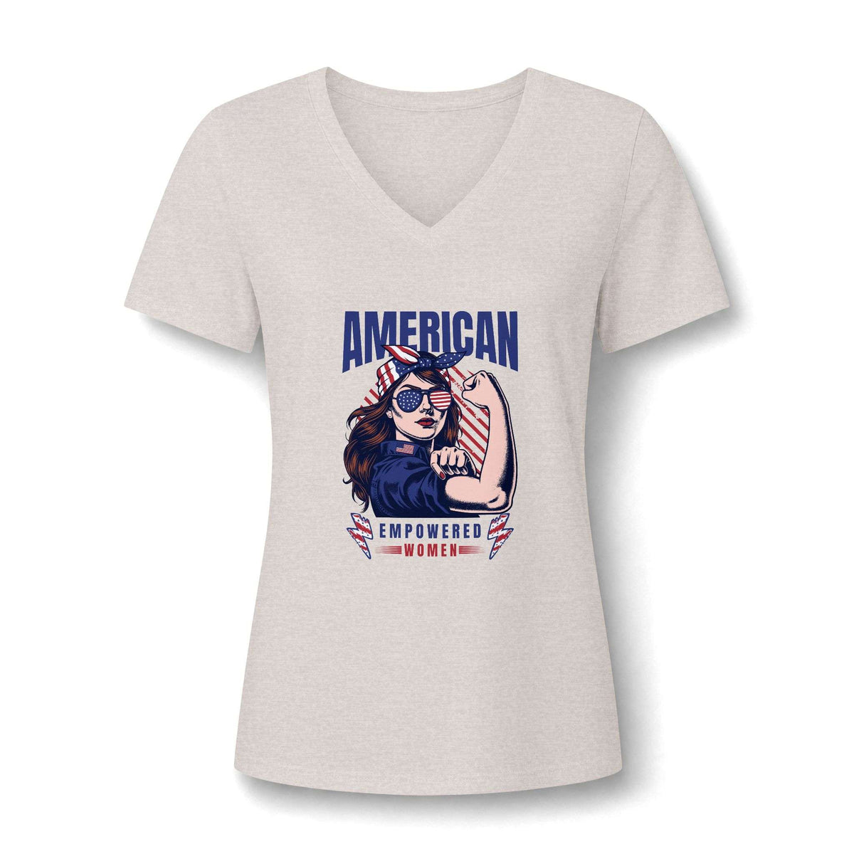 A women's V-neck short-sleeve t-shirt in a light heather gray or off-white color, featuring a 'Rise Up' style graphic of a woman with sunglasses and the text 'AMERICAN EMPOWERED WOMEN' in blue, red, and white.