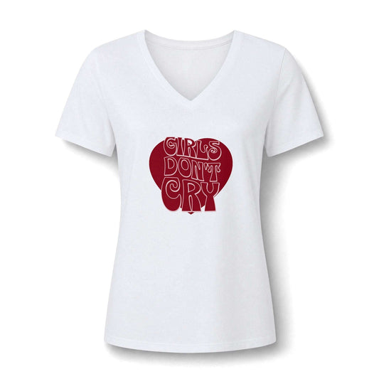 A white women's V-neck short-sleeve t-shirt with a red graphic on the chest that reads 'GIRLS DON'T CRY' inside a red heart shape, shown on a plain white background.