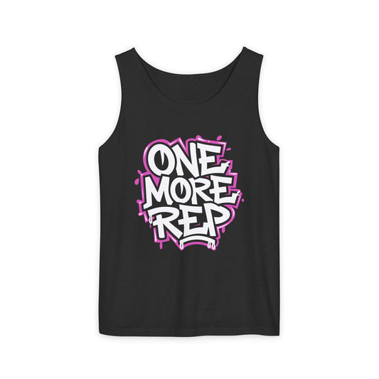 A black sleeveless tank top with a colorful graphic on the chest reading 'ONE MORE REP' in white and pink graffiti-style lettering, shown on a plain white background. Fitness Motivational Graffiti Typography Tank Top