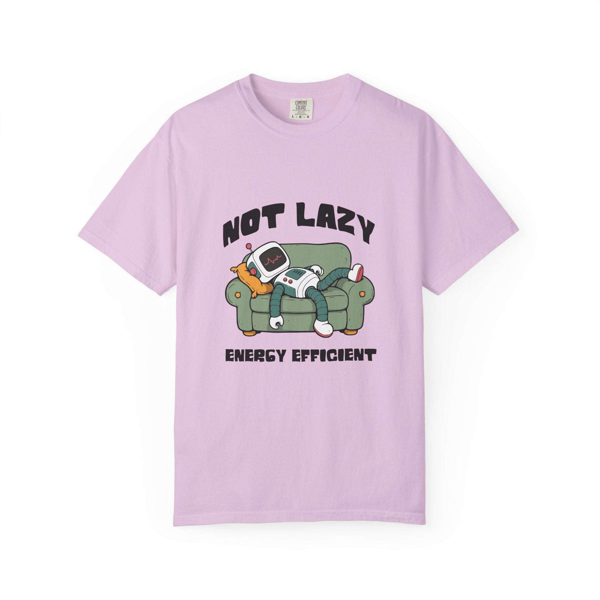 A light purple short-sleeve t-shirt with a cartoon graphic of a robot sleeping on a green couch, with the text 'NOT LAZY' above and 'ENERGY EFFICIENT' below. Fun Not Lazy, Energy Efficient, Robot Lounge Sarcasm T-Shirt for Casual Wear