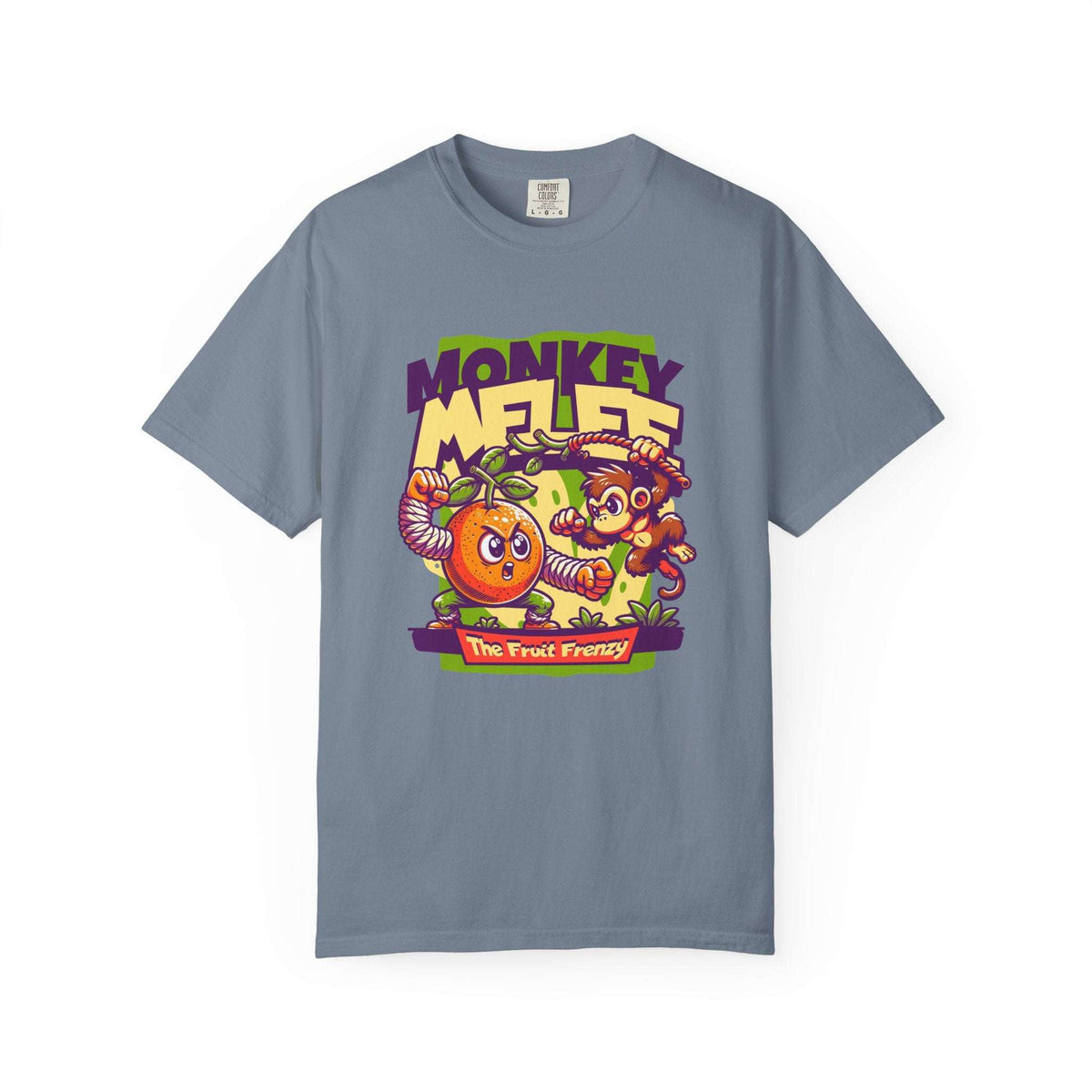 A slate blue crewneck t-shirt featuring a colorful cartoon graphic on the front with the text 'MONKEY MELEE' and 'The Fruit Frenzy' depicting a cartoon monkey and an orange. Fun and Funky Monkey-Themed Graphic Tee