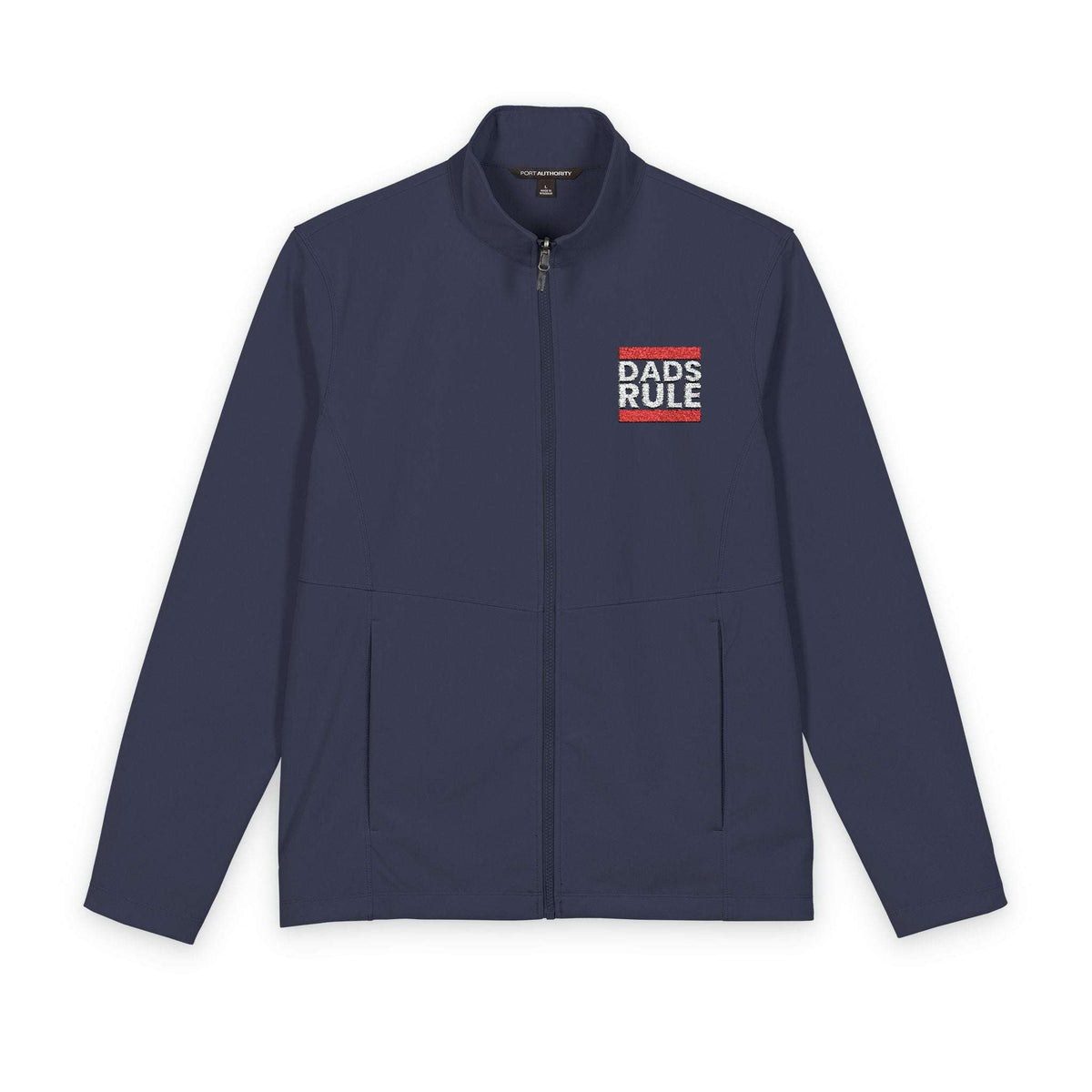 A navy blue zip-up jacket with a stand-up collar, featuring a small chest graphic that reads 'DADS RULE' in white and red. The jacket is displayed flat against a solid white background.