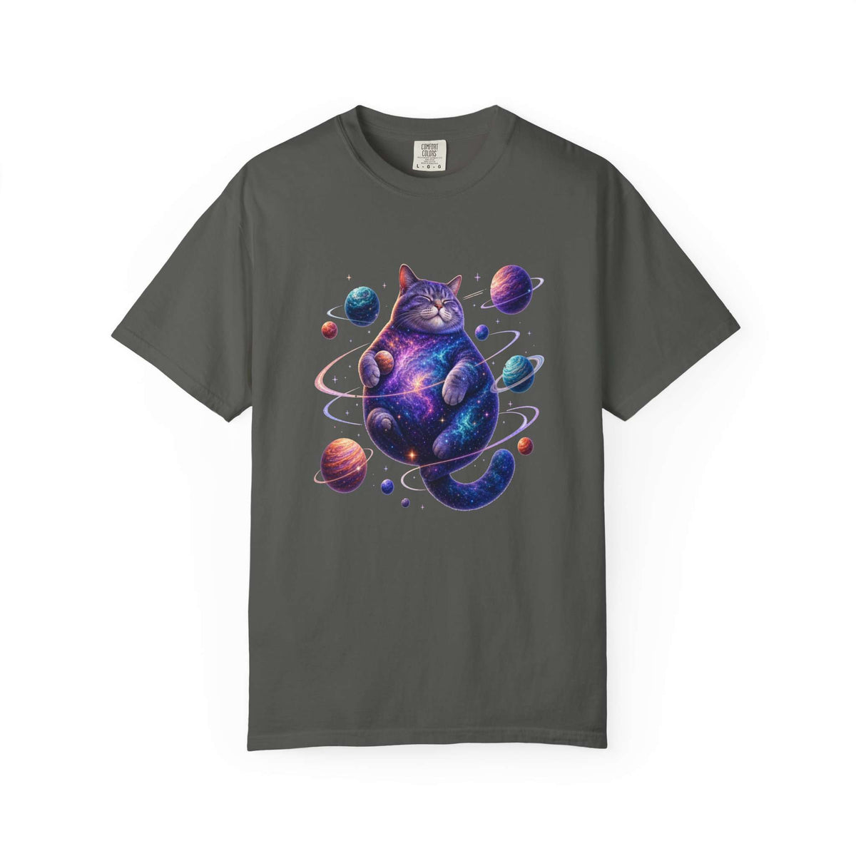 A dark gray crewneck t-shirt featuring a colorful graphic of a cosmic, galaxy-patterned cat surrounded by planets, displayed on a clean white background. Funny Celestial Feline: Space-Themed Cat T-Shirt for Casual Wear