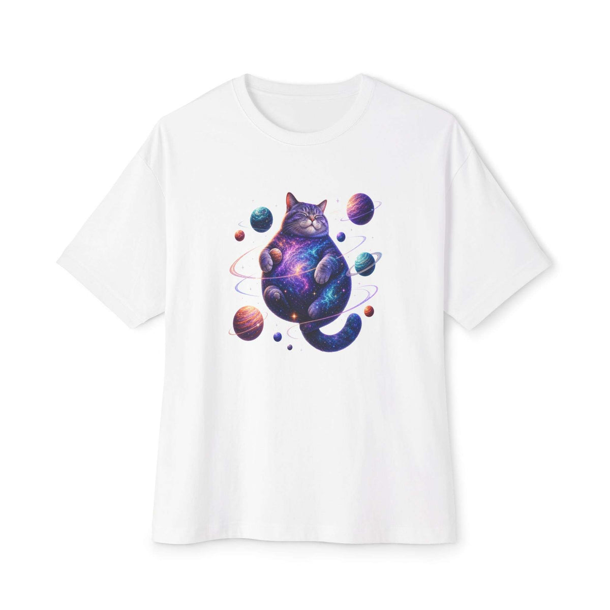 A white short-sleeve crewneck t-shirt featuring a colorful graphic print of a cosmic purple cat surrounded by planets, displayed on a clean white background. Funny Cosmic Cat Unisex Oversized Boxy T-Shirt Casual Wear