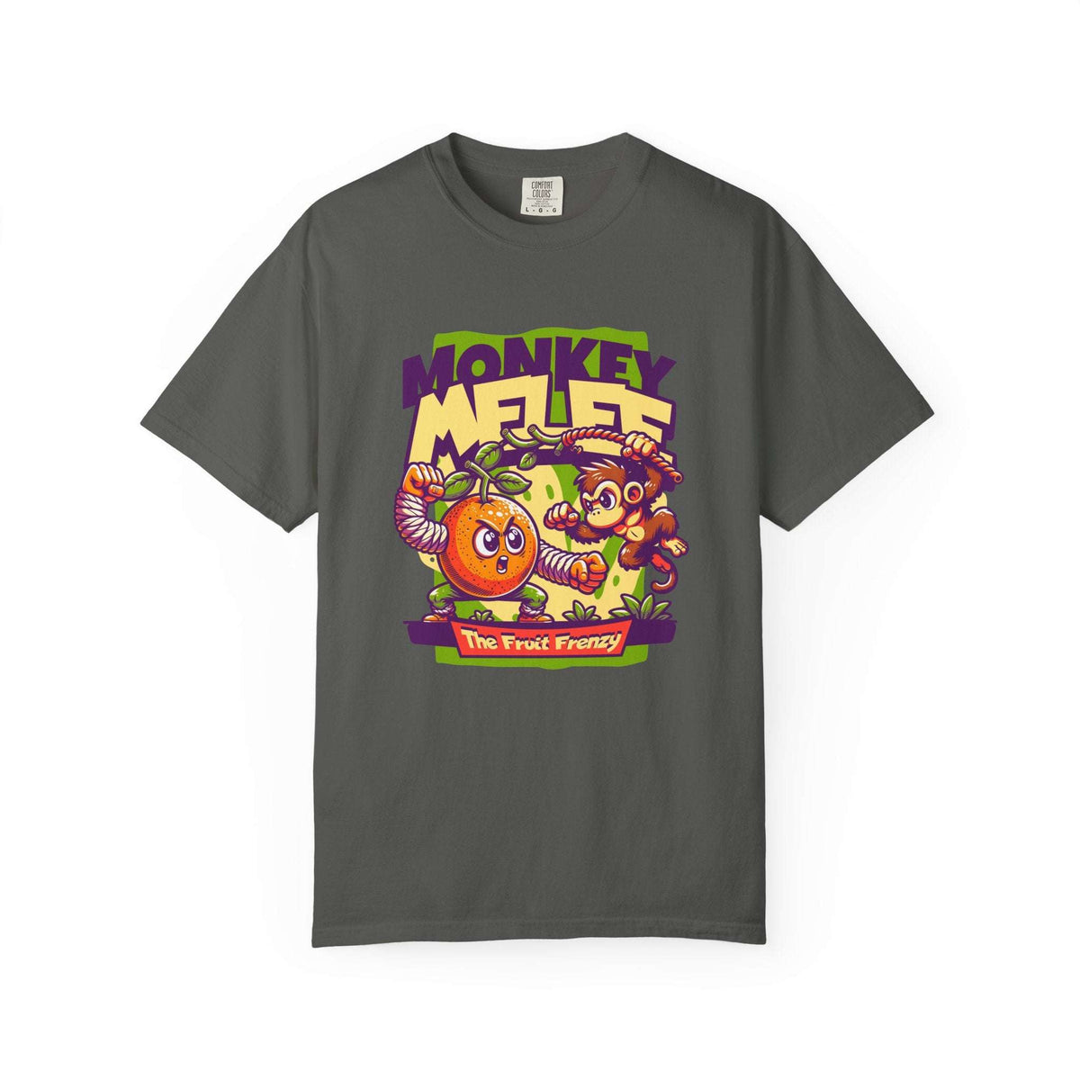 A dark gray crewneck t-shirt featuring a colorful graphic print on the front with the text 'MONKEY MELEE' and cartoon illustrations of a monkey, a candy corn, and a banana. Funny Monkey Melee The Fruit Frenzy Graphic T-Shirt for Casual Wear