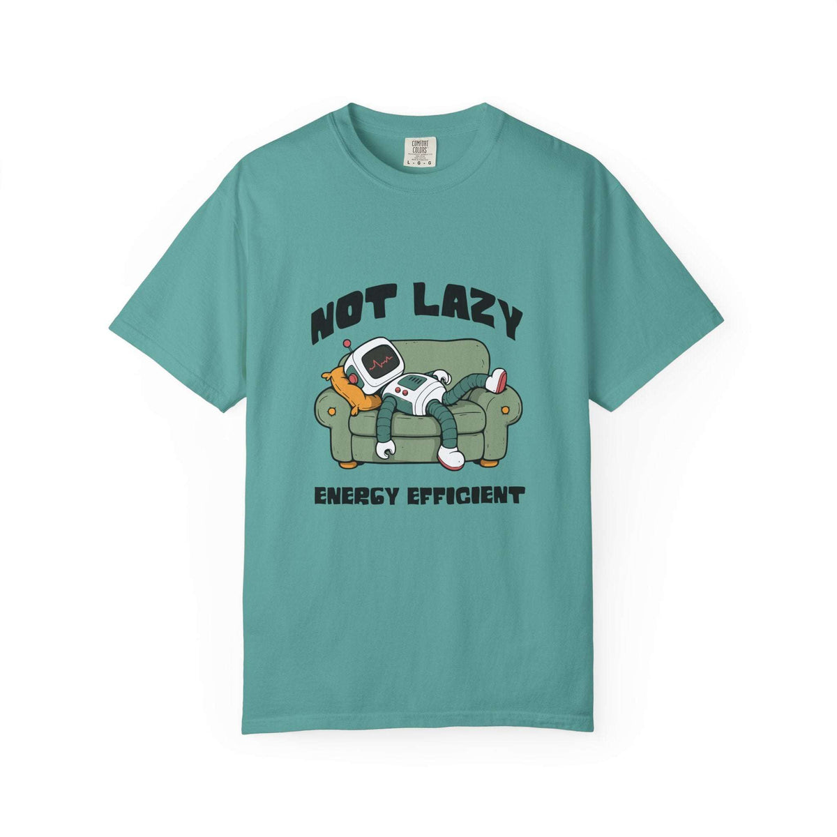 A teal short-sleeve t-shirt with a cartoon graphic of a person lounging on a couch with a retro TV, accompanied by the text 'NOT LAZY ENERGY EFFICIENT'.