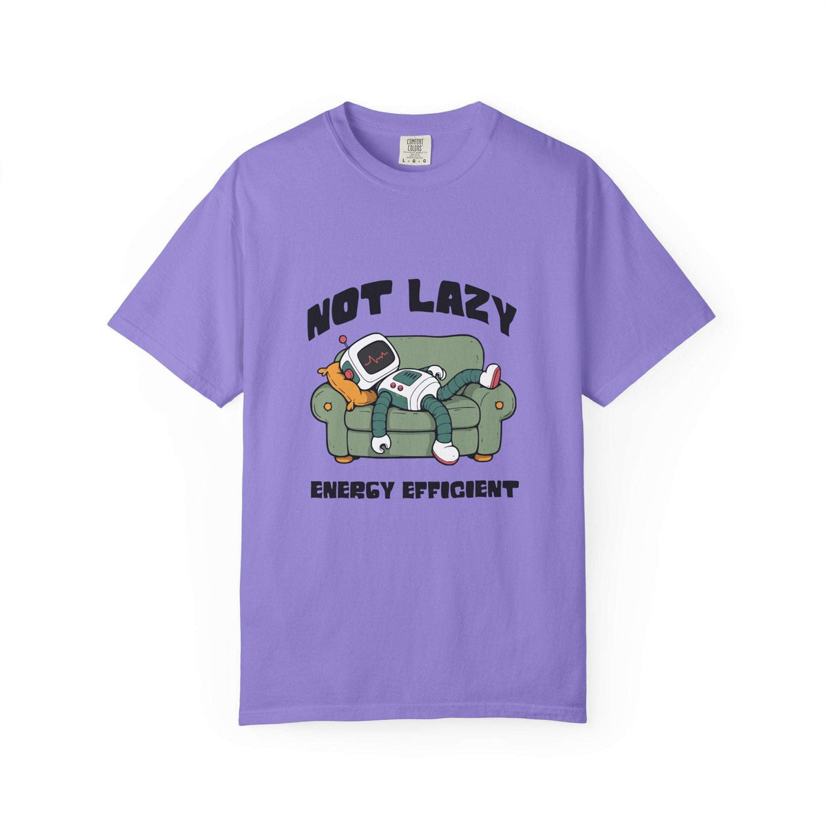A purple short-sleeve crewneck t-shirt featuring a cartoon graphic of a robot sleeping on a green couch with the text 'NOT LAZY ENERGY EFFICIENT' printed on the front.