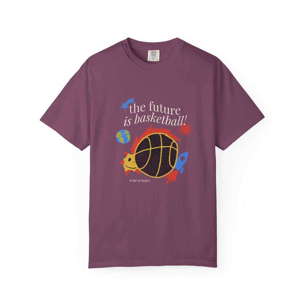 A purple short-sleeve crewneck t-shirt featuring a colorful graphic of a basketball turtle with the text 'the future is basketball!' on the front, displayed against a plain white background. Futuristic Basketball Graphic Tee for Effortless Style