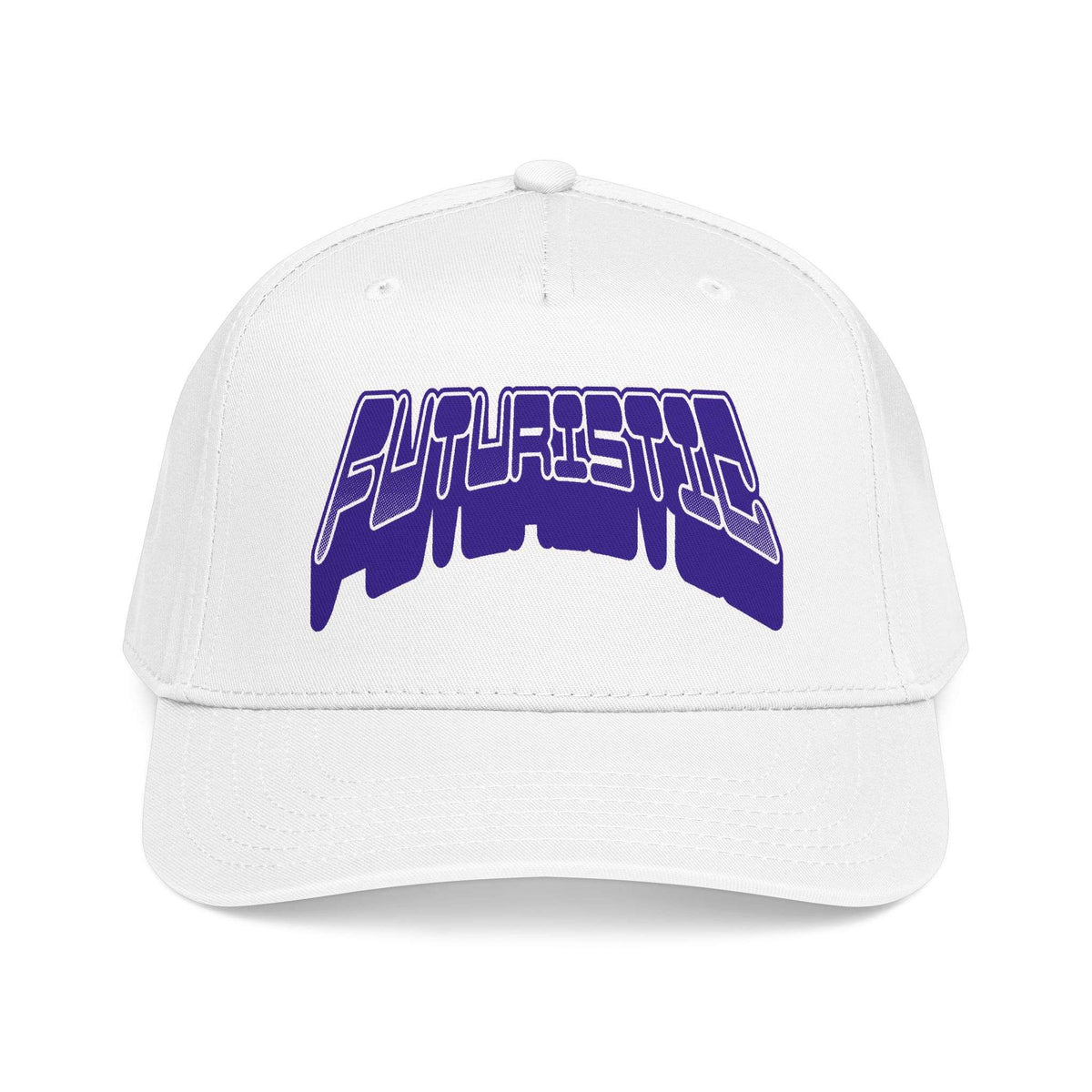 A white structured baseball cap featuring a stylized purple and white 'FUTURISTIC' graphic on the front, set against a plain white background. Futuristic Y2k Streetwear Typography Baseball Cap