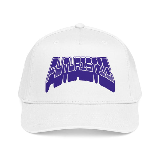 A white structured baseball cap featuring a stylized purple and white 'FUTURISTIC' graphic on the front, set against a plain white background. Futuristic Y2k Streetwear Typography Baseball Cap