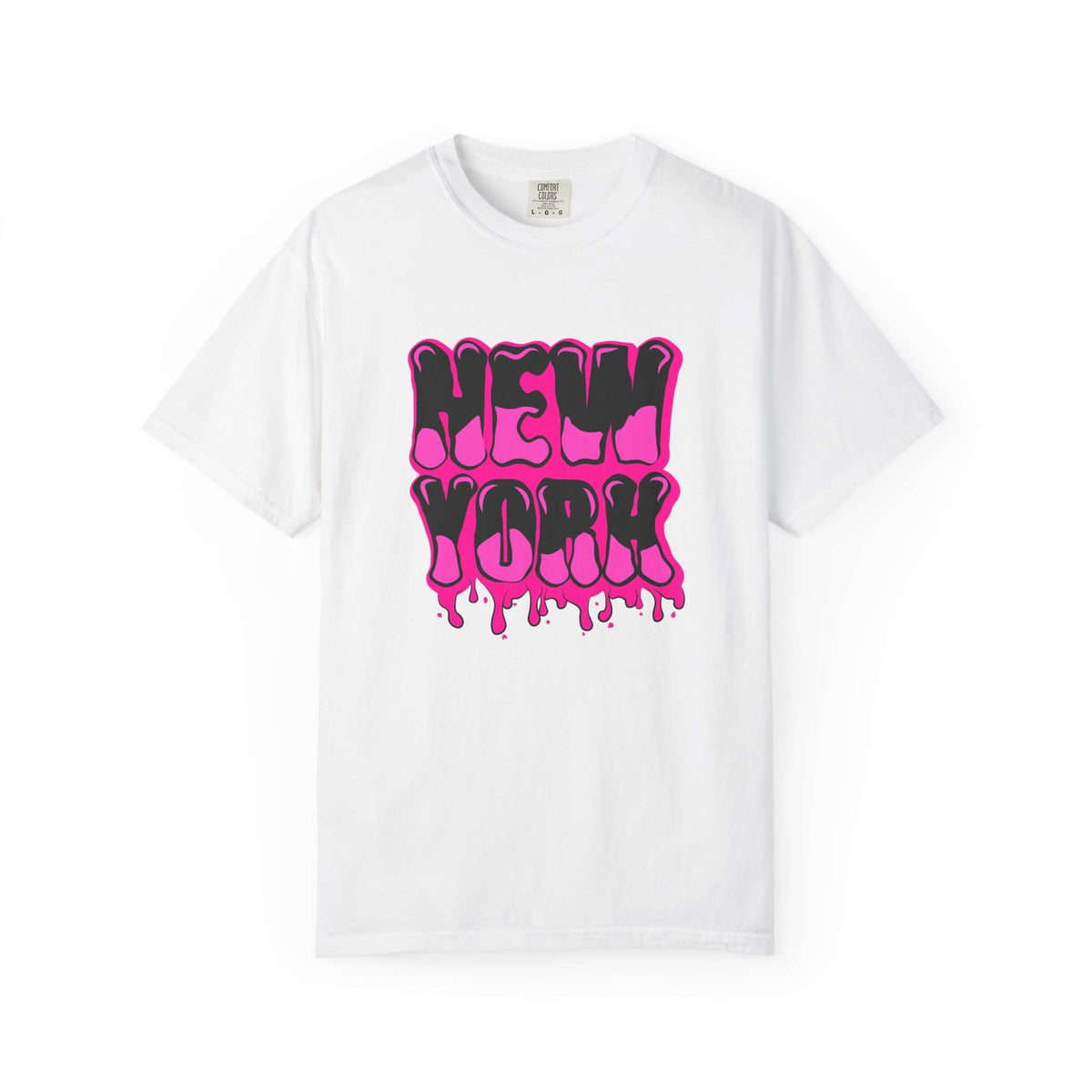 A white short-sleeve crewneck t-shirt featuring a vibrant pink and black dripping 'NEW YORK' graphic on the front, displayed against a clean white background. Graffiti Lettering New York Typography T-Shirt Casual Wear