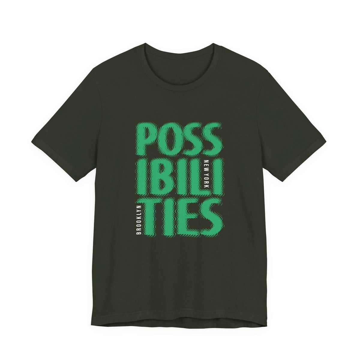 An olive green crewneck t-shirt featuring a large graphic print on the front that reads 'POSSIBILITIES' in a stylized green and white font. Grunge Bold Possibilities New York City Brooklyn T-Shirt Casual Wear