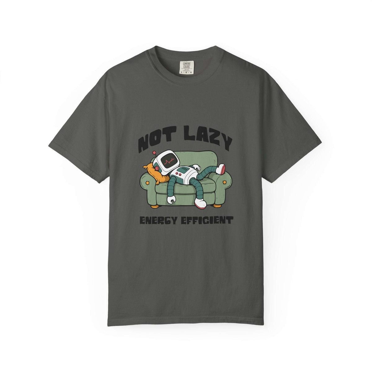 A dark gray crewneck t-shirt featuring a cartoon graphic of a cat lounging on a green couch with a retro television, with the text 'NOT LAZY ENERGY EFFICIENT' printed around the graphic.