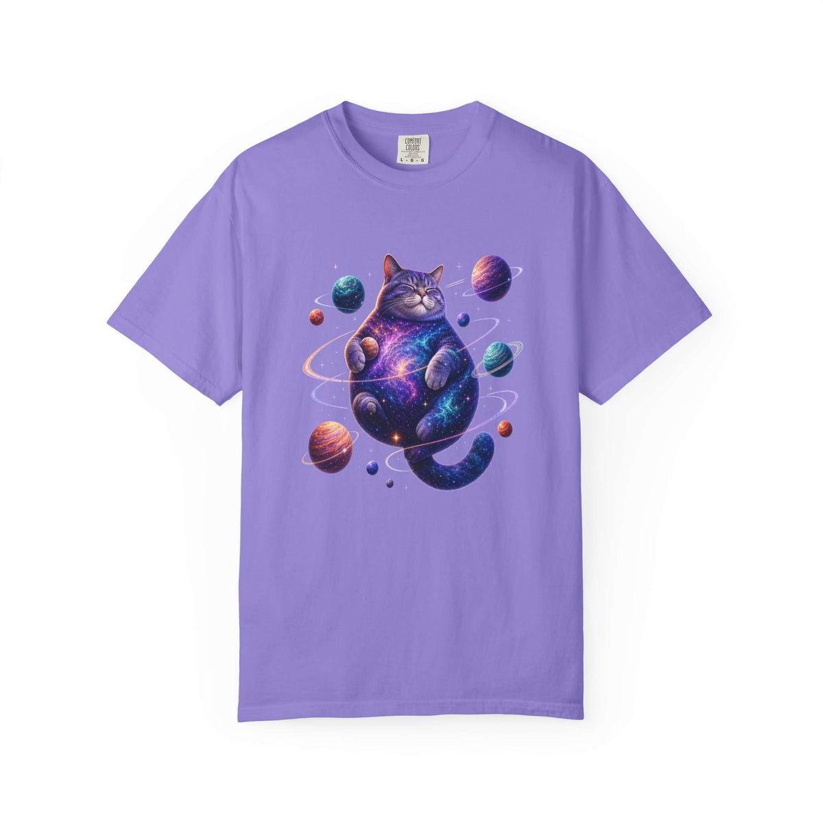 A purple short-sleeve crewneck t-shirt featuring a colorful graphic of a cosmic cat surrounded by planets, displayed on a clean white background. Intergalactic Celestial Feline: Space-Themed Cat T-Shirt for Casual Wear