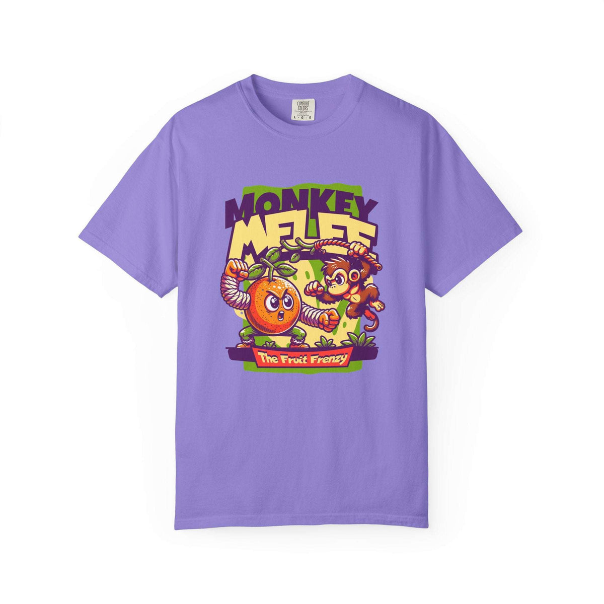A purple short-sleeve crewneck t-shirt featuring a colorful cartoon graphic on the front with the text 'MONKEY MELEE' and 'The Fruit Frenzy' depicting a monkey, an orange, and a banana. Jungle Chaos: Monkeys and Fruits Clash