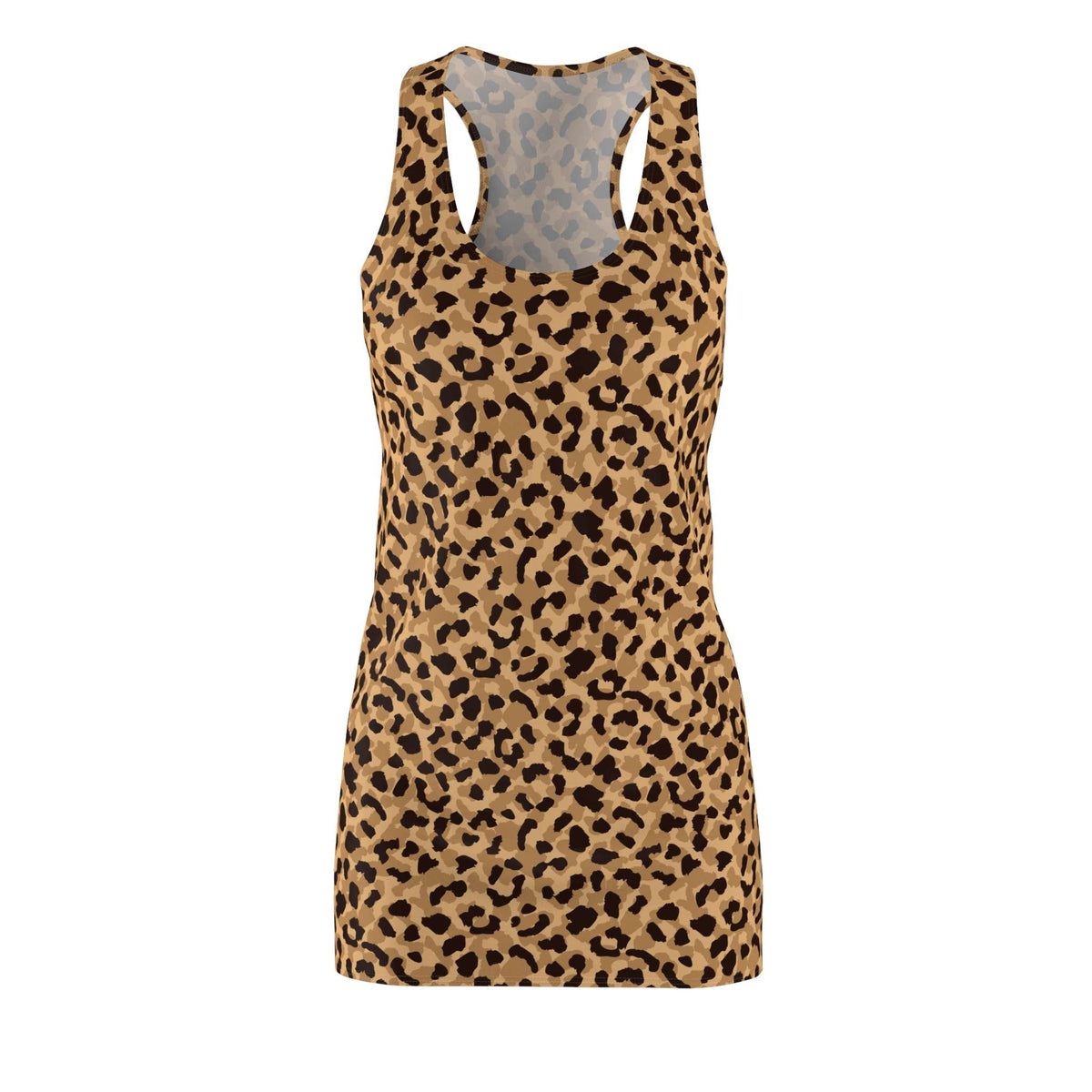 A sleeveless racerback tank top featuring an all-over leopard print pattern in tan and black, displayed on a clean white background. Lightweight Bold Brown Leopard Print Women's Racerback Dress Casual Wear