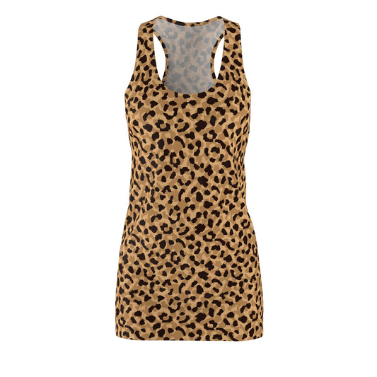 A sleeveless racerback tank top featuring an all-over leopard print pattern in tan and black, displayed on a clean white background. Lightweight Bold Brown Leopard Print Women's Racerback Dress Casual Wear