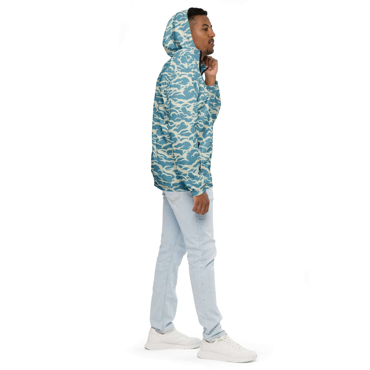 Lightweight Men’s Windbreaker Jacket with Nautical Ocean Waves Design