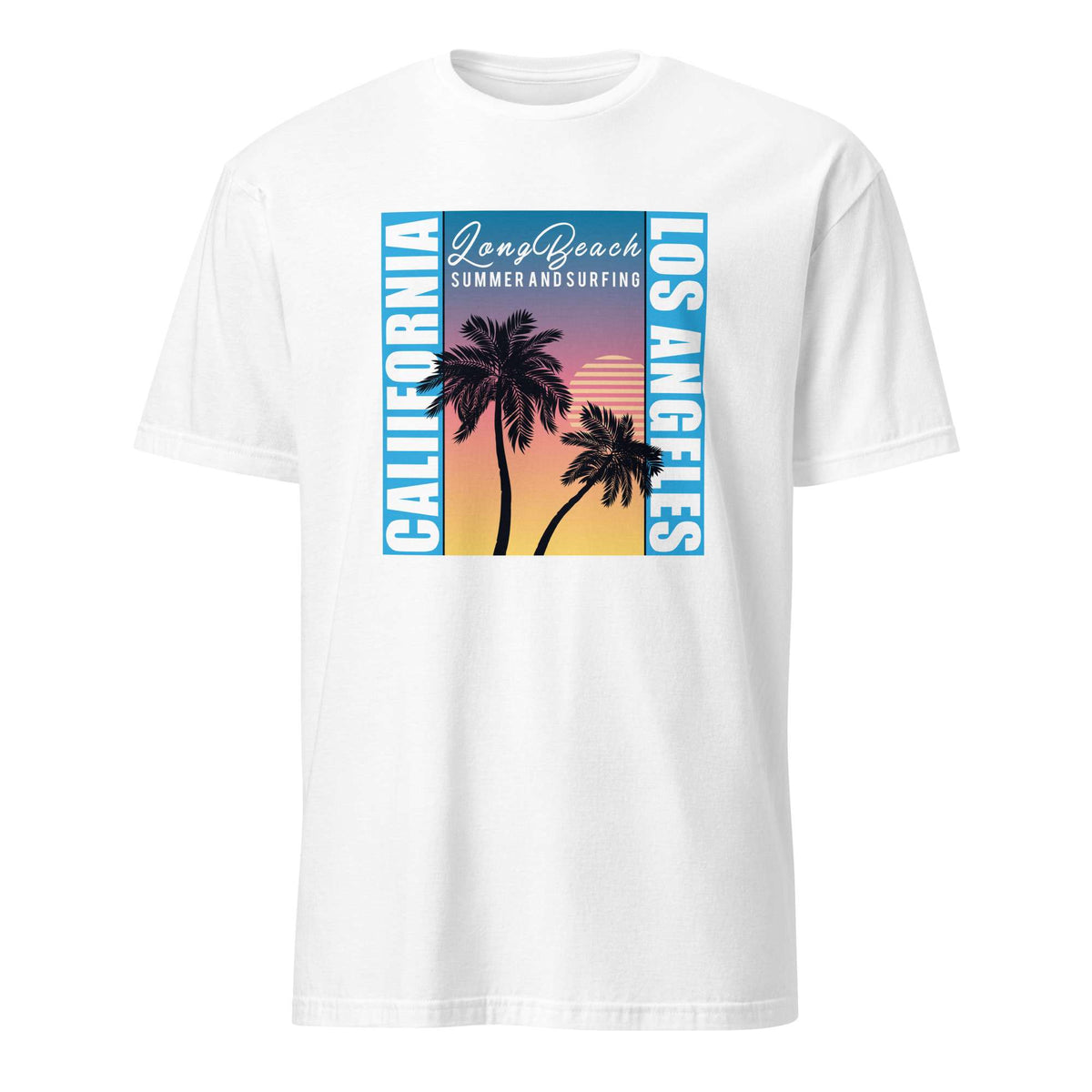 A white short-sleeve crewneck t-shirt featuring a colorful graphic print on the front. The graphic displays a sunset scene with two palm tree silhouettes, the words 'Long Beach' and 'Los Angeles' in blue vertical text, and 'California Summer and Surfing' written in white script at the top. Los Angeles Sunset Palm Trees Graphic T-Shirt Casual Wear