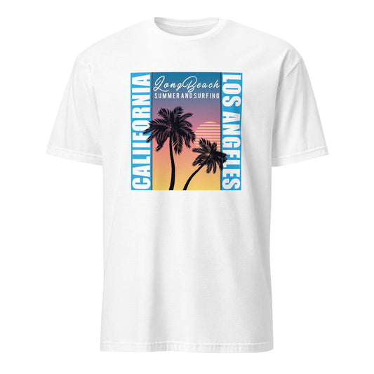 A white short-sleeve crewneck t-shirt featuring a colorful graphic print on the front. The graphic displays a sunset scene with two palm tree silhouettes, the words 'Long Beach' and 'Los Angeles' in blue vertical text, and 'California Summer and Surfing' written in white script at the top. Los Angeles Sunset Palm Trees Graphic T-Shirt Casual Wear