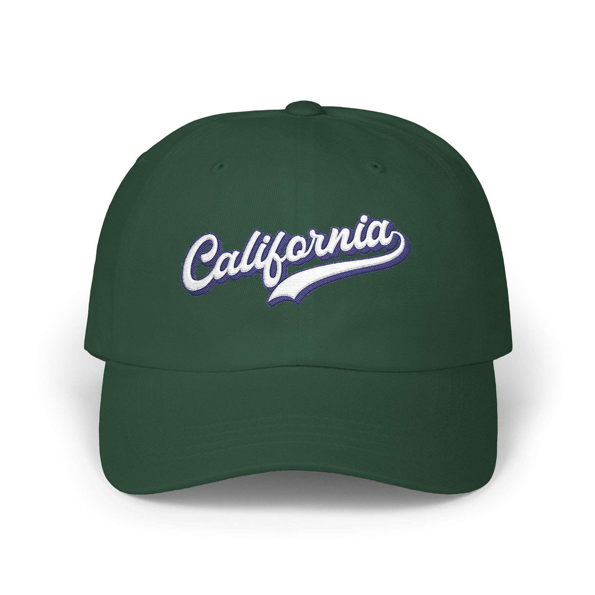 A dark green baseball cap featuring the word 'California' embroidered in white script with a purple outline on the front, set against a plain white background. Minimalist California Typography Embroidered Classic Dad Cap