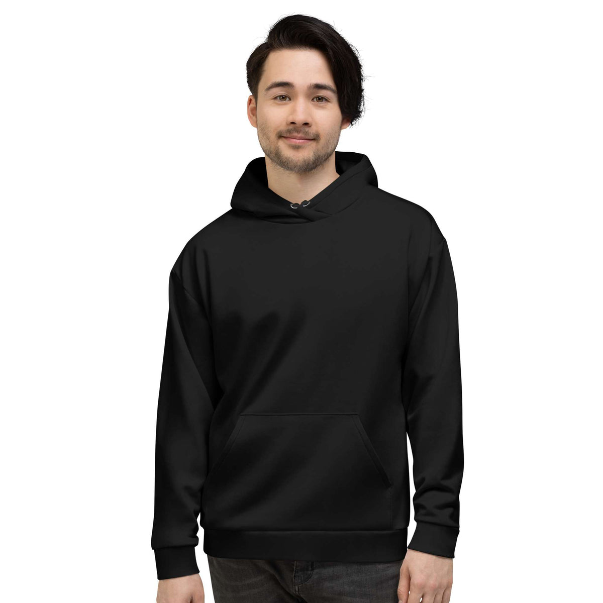 Person wearing a black hoodie with red designs on a white background Minimalist Solid Plain Dark Black Hoodie for Casual Wear