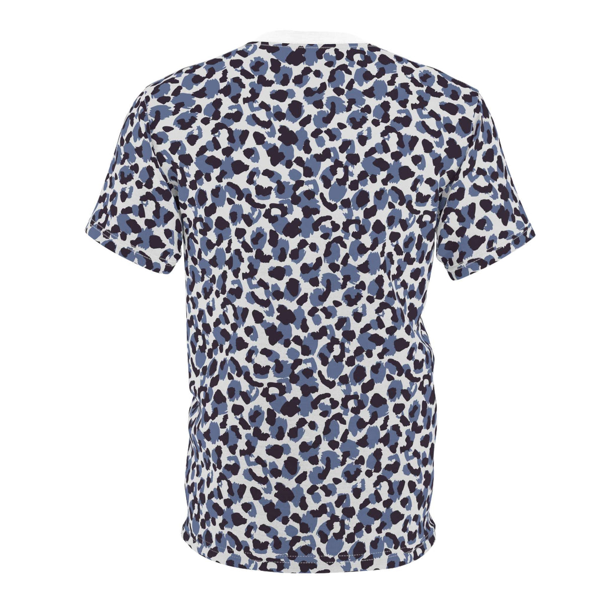 A short-sleeve crewneck t-shirt featuring an all-over abstract leopard print pattern in navy blue, slate blue, and black on a white background. Modern Bold Blue Leopard Print T-Shirt for Casual Wear