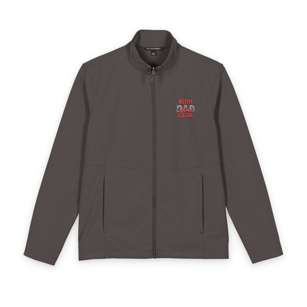 A dark gray zip-up jacket with a stand collar, featuring a small embroidered graphic on the left chest that reads 'RICH DAD CLUB' in red and blue, displayed on a clean white background.