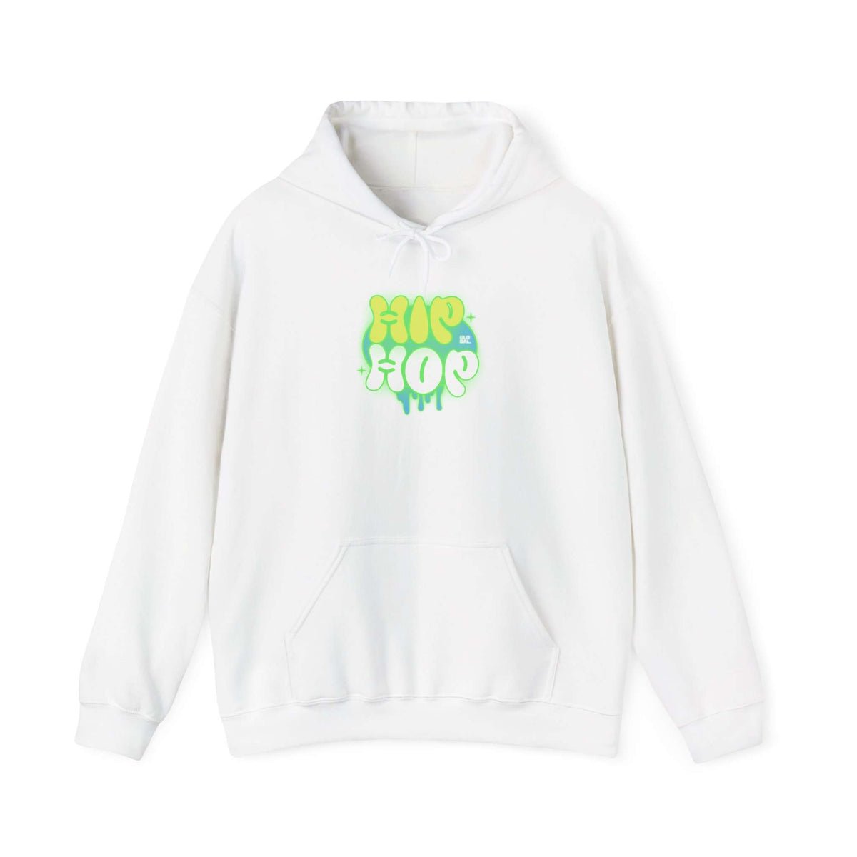 A white pullover hoodie with a colorful 'HIP HOP' graphic printed on the chest in shades of green and yellow, displayed on a clean white background. Modern Bold Graffiti Hip Hop Hoodie for Urban Fashion Lovers