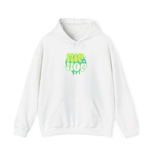 A white pullover hoodie with a colorful 'HIP HOP' graphic printed on the chest in shades of green and yellow, displayed on a clean white background. Modern Bold Graffiti Hip Hop Hoodie for Urban Fashion Lovers