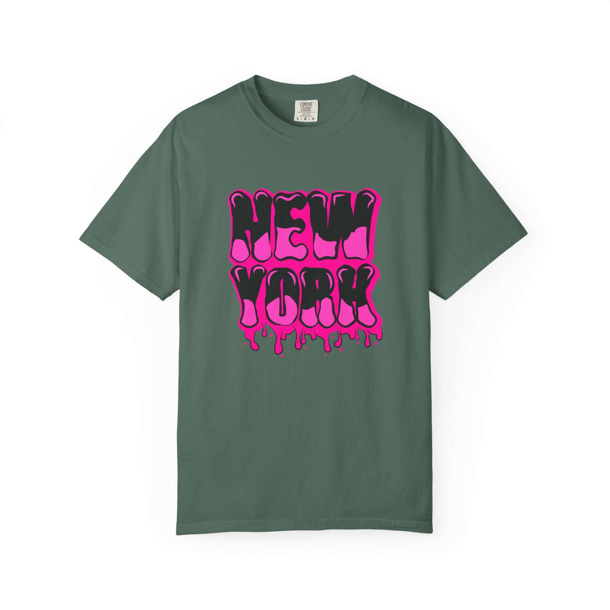 A dark green crewneck t-shirt featuring a vibrant pink and black dripping 'NEW YORK' graphic on the chest, displayed against a solid white background. Modern Bold Graffiti Lettering New York Typography T-Shirt for Casual Wear