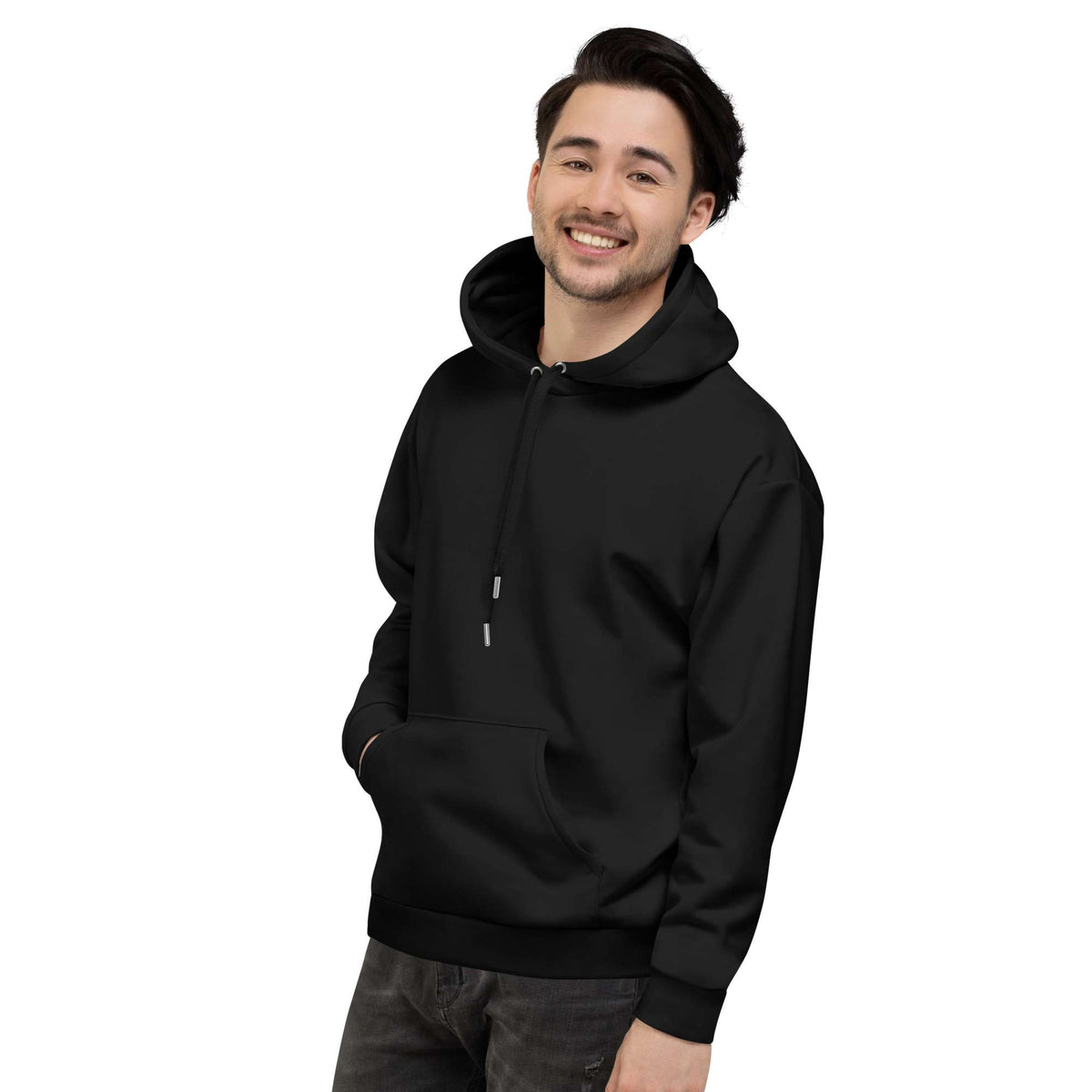 Man wearing a black hoodie with a logo on a white background Modern Bold Minimalist Solid Plain Dark Black Hoodie for Casual Wear