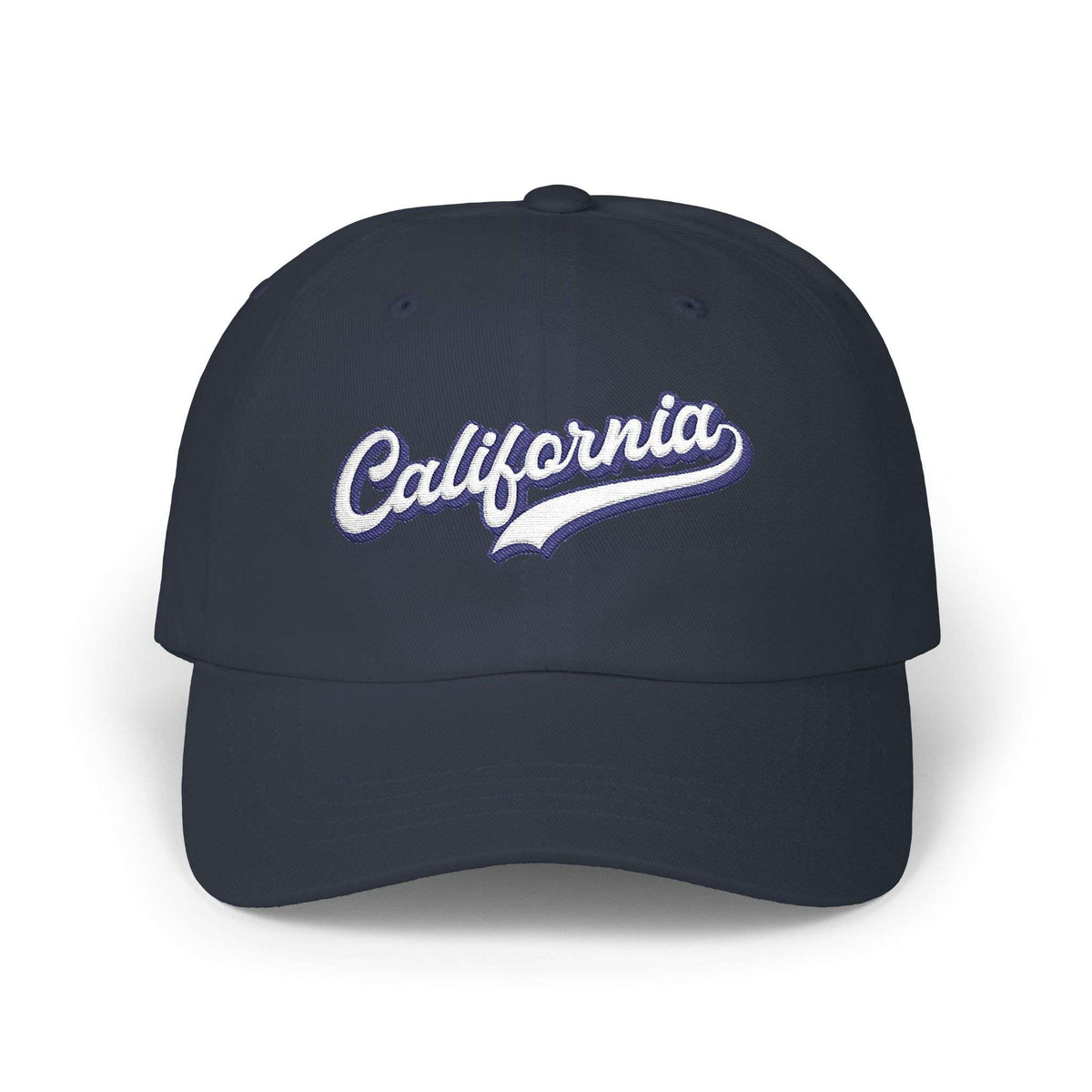 A navy blue baseball cap featuring 'California' embroidered in white script with a purple shadow effect on the front panel, set against a plain white background. Modern California Typography Embroidered Classic Dad Cap