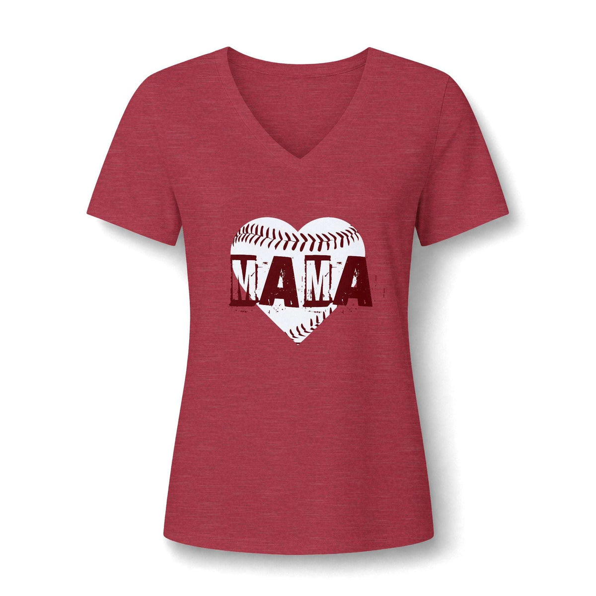 A women's heather red V-neck t-shirt featuring a graphic of a baseball heart with the word 'MAMA' printed across it in dark red letters, shown on a plain white background.