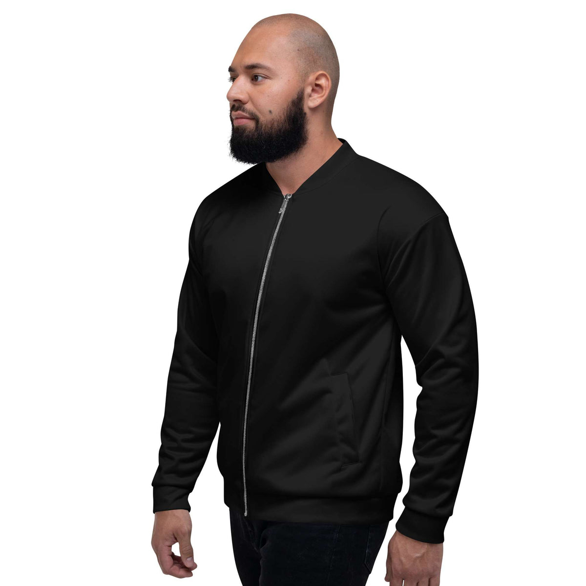 Man wearing a black bomber jacket on a white background Modern Essential Minimalist Solid Black Unisex Bomber Jacket