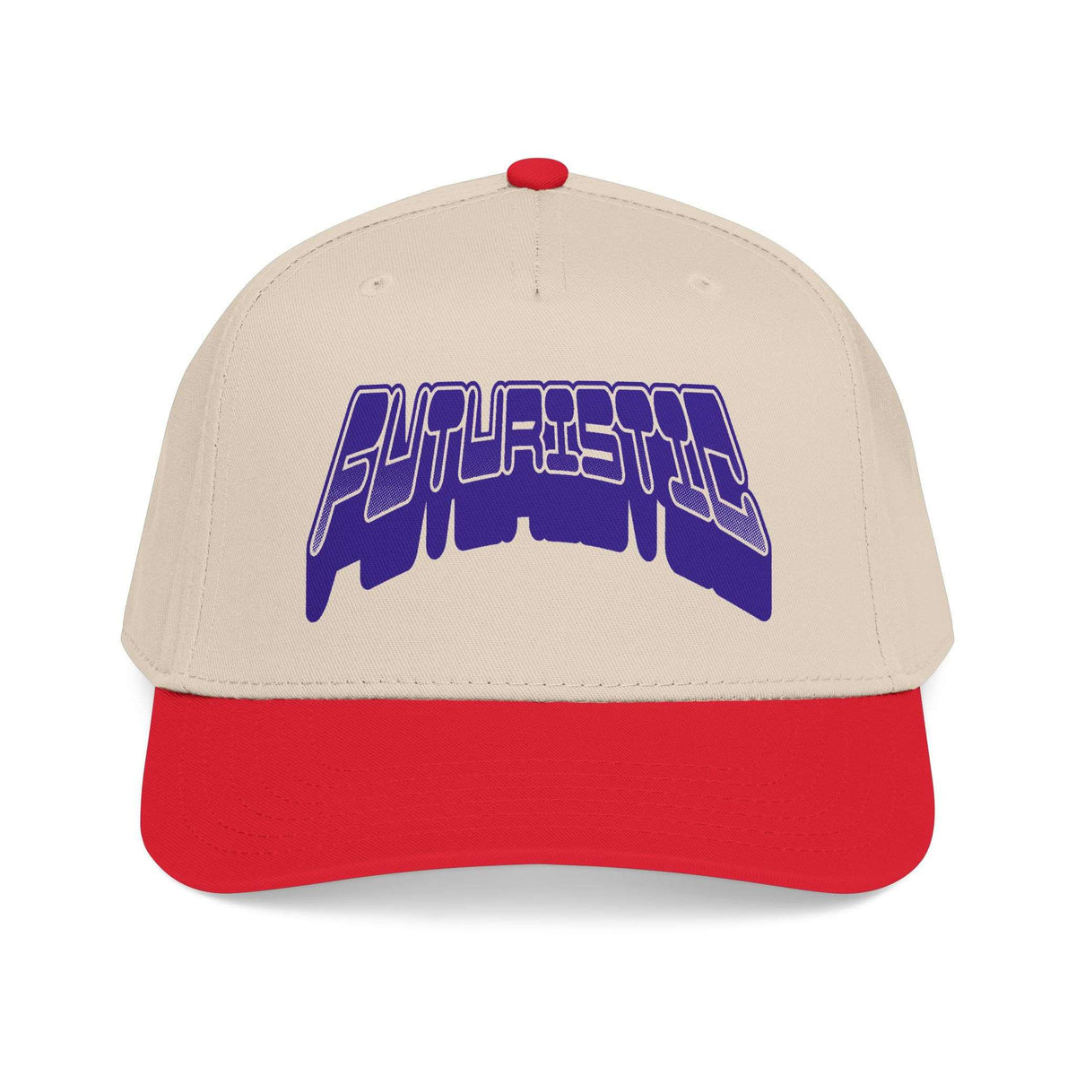 A structured baseball cap with a beige crown, a red curved brim, and a red top button. The front of the cap features a stylized purple and white graphic text reading 'FUTURISTIC'. Modern Futuristic Y2k Streetwear Typography Baseball Cap