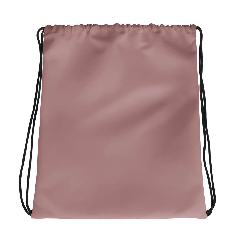 A dusty rose drawstring backpack with black cords, shown flat against a solid white background. Modern Minimalist Solid Rosy Brown Durable Drawstring Bag