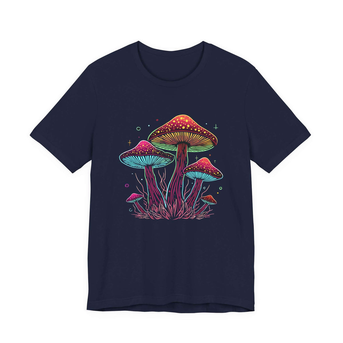 A dark heather gray t-shirt featuring a colorful graphic of glowing mushrooms in pink, purple, and green, displayed on a solid white background. Modern Psychedelic Mushroom Neon Fantasy Fungi T-Shirt Casual Wear