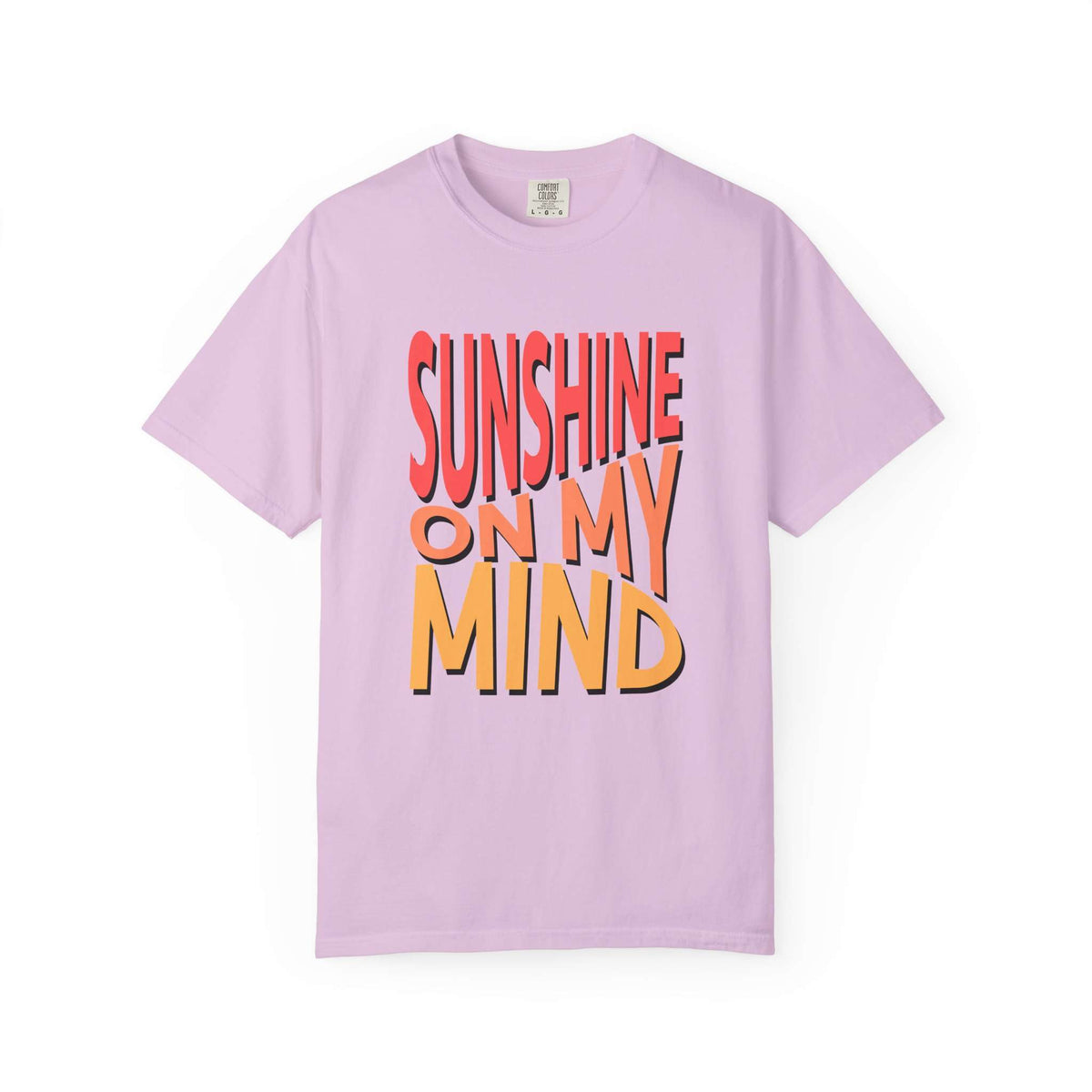 A light purple short-sleeve t-shirt with a retro-style graphic text print reading 'SUNSHINE ON MY MIND' in red, orange, and yellow colors, displayed on a clean white background. Modern Sunshine On My Mind Summer Vibes Graphic T-Shirt for Casual Wear
