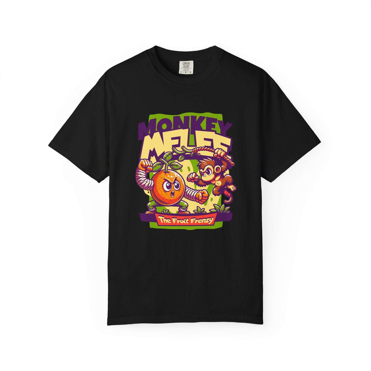 A black short-sleeve crewneck t-shirt featuring a colorful graphic print on the front. The graphic displays the text 'MONKEY MELEE' in stylized purple and yellow lettering, with cartoon illustrations of two monkeys and a jack-o'-lantern. Monkey Mayhem in a Colorful T-Shirt Print