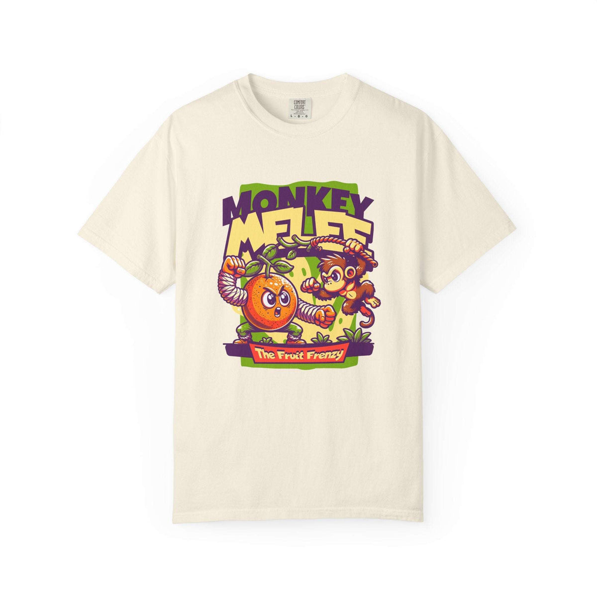 An off-white short-sleeve t-shirt with a colorful graphic print on the front featuring cartoon characters and the text 'MONKEY MELEE' and 'The Fruit Frenzy'. Monkey Melee The Fruit Frenzy Graphic T-Shirt for Casual Wear