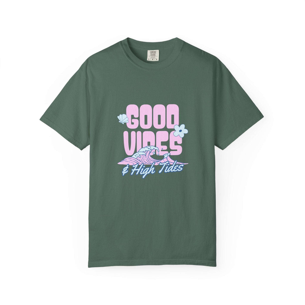 A dark green short-sleeve t-shirt with a retro-style graphic on the chest reading 'GOOD VIBES & High Tides' in pink and light blue, featuring a pink and blue wave and a small blue flower.