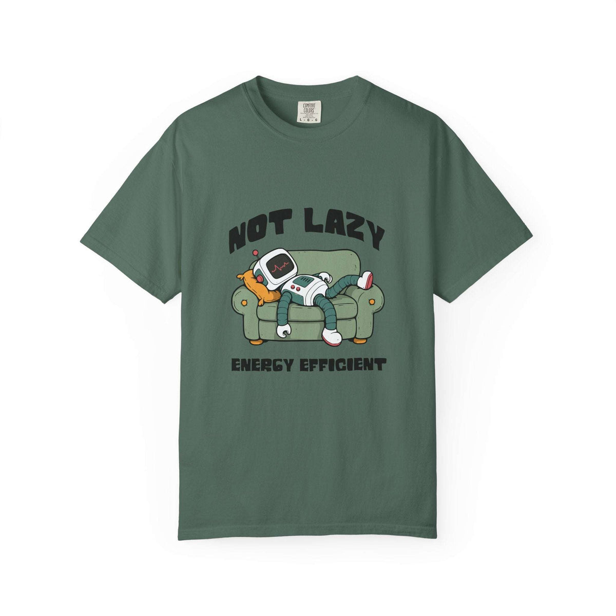 A dark green crewneck t-shirt featuring a cartoon graphic of a person lounging on a couch with a retro computer, with the text 'NOT LAZY ENERGY EFFICIENT' printed around the illustration.