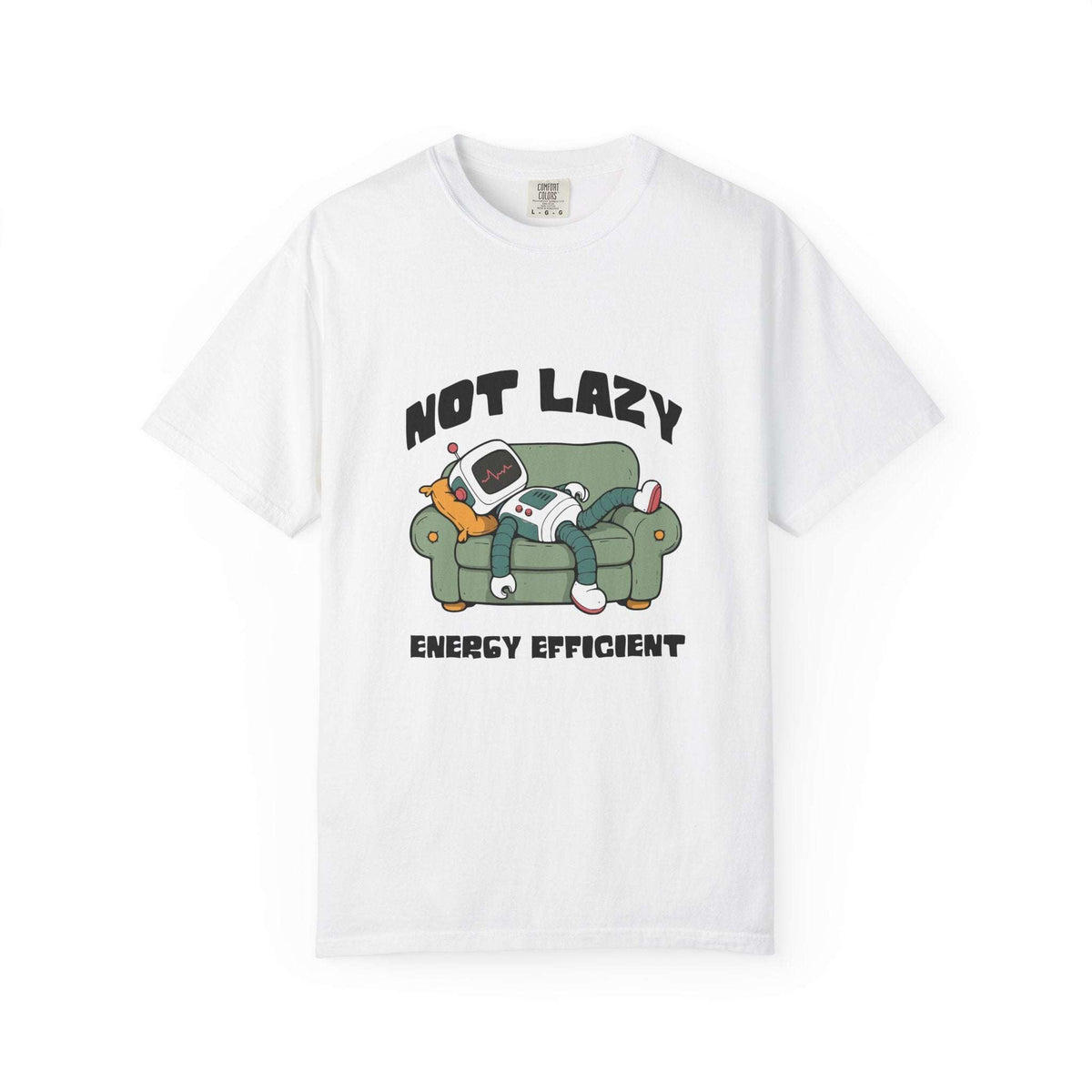 A white short-sleeve crewneck t-shirt featuring a cartoon graphic of a person relaxing on a green couch with a retro computer, with the text 'NOT LAZY ENERGY EFFICIENT' printed in black.