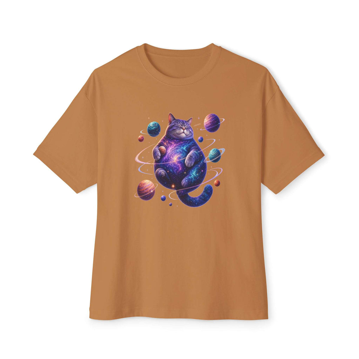 A short-sleeve crewneck t-shirt in a warm ochre-brown color, featuring a colorful graphic print of a cosmic cat surrounded by planets on the chest, set against a plain white background. Out-of-This-World Funny Cosmic Cat Unisex Oversized Boxy T-Shirt Casual Wear